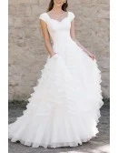 Gorgeous White Ruffled Wedding Dress With Cap Sleeves