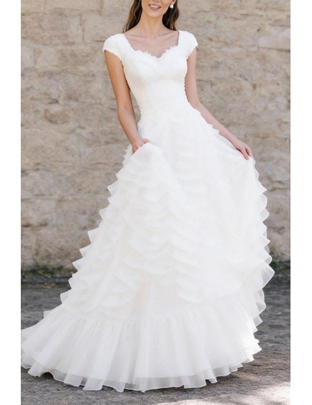 Gorgeous White Ruffled Wedding Dress With Cap Sleeves