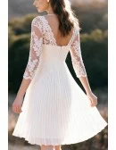 Knee Length Pleated Wedding Dress Featuring Lace Sleeves And V Neckline
