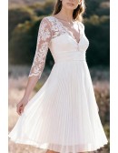 Knee Length Pleated Wedding Dress Featuring Lace Sleeves And V Neckline