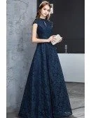 Navy Blue Beaded Cap Sleeves Full Lace Long Party Dress For Formal
