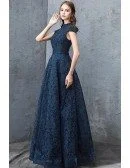 Navy Blue Beaded Cap Sleeves Full Lace Long Party Dress For Formal
