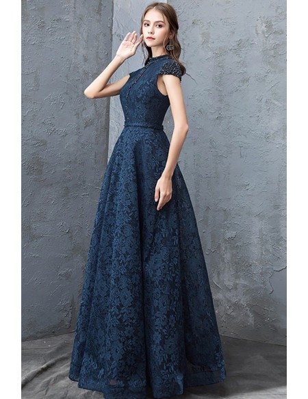 Navy Blue Beaded Cap Sleeves Full Lace Long Party Dress For Formal