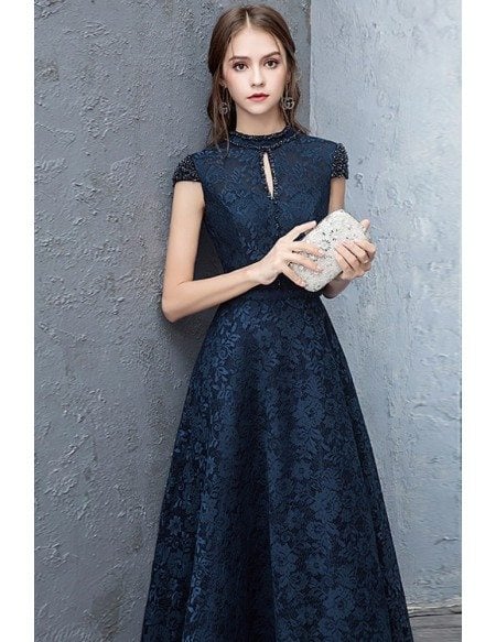Navy Blue Beaded Cap Sleeves Full Lace Long Party Dress For Formal