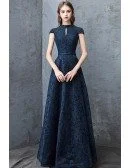 Navy Blue Beaded Cap Sleeves Full Lace Long Party Dress For Formal