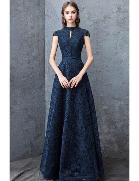 Navy Blue Beaded Cap Sleeves Full Lace Long Party Dress For Formal