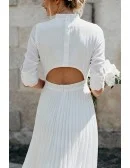 Graceful Pleated A-Line Tea Length Wedding Dress With High Collar And Cuffed Sleeves