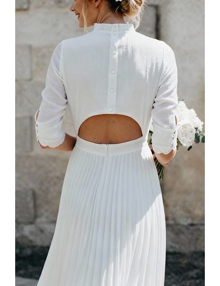 Graceful Pleated A-Line Tea Length Wedding Dress With High Collar And Cuffed Sleeves