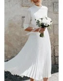 Graceful Pleated A-Line Tea Length Wedding Dress With High Collar And Cuffed Sleeves