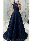 Navy Blue Beaded Cap Sleeves Full Lace Long Party Dress For Formal