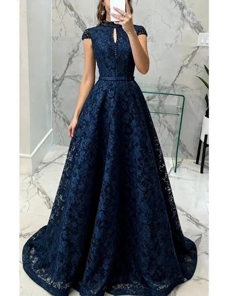 Navy Blue Beaded Cap Sleeves Full Lace Long Party Dress For Formal
