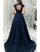 Navy Blue Beaded Cap Sleeves Full Lace Long Party Dress For Formal
