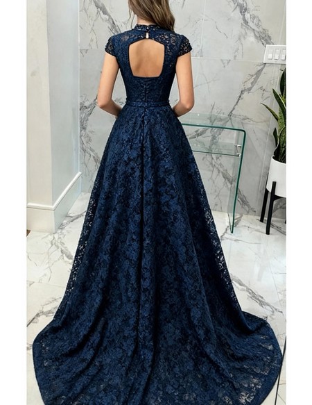 Navy Blue Beaded Cap Sleeves Full Lace Long Party Dress For Formal