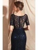 Modest Sparkle Dark Navy Blue Formal Dress with Short Sleeves