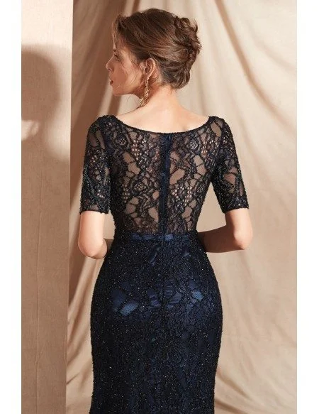Modest Sparkle Dark Navy Blue Formal Dress with Short Sleeves
