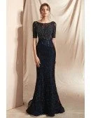 Modest Sparkle Dark Navy Blue Formal Dress with Short Sleeves