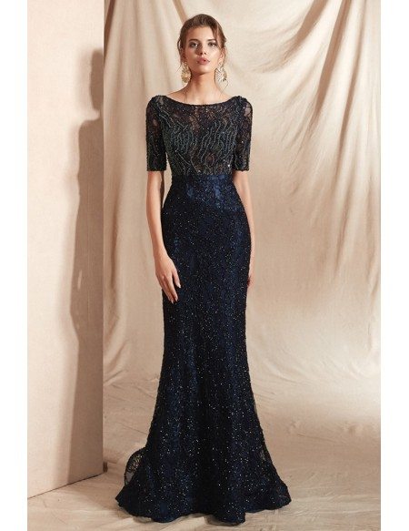 Modest Sparkle Dark Navy Blue Formal Dress with Short Sleeves