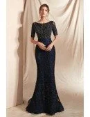 Modest Sparkle Dark Navy Blue Formal Dress with Short Sleeves