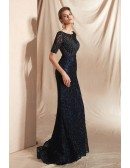 Modest Sparkle Dark Navy Blue Formal Dress with Short Sleeves