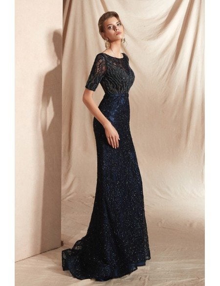 Modest Sparkle Dark Navy Blue Formal Dress with Short Sleeves