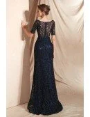 Modest Sparkle Dark Navy Blue Formal Dress with Short Sleeves