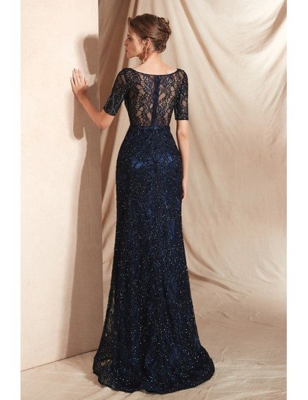 Modest Sparkle Dark Navy Blue Formal Dress with Short Sleeves