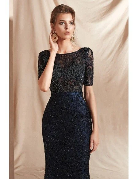 Modest Sparkle Dark Navy Blue Formal Dress with Short Sleeves