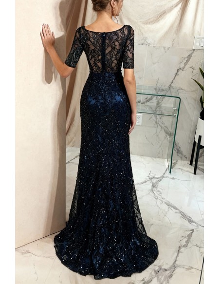 Modest Sparkle Dark Navy Blue Formal Dress with Short Sleeves