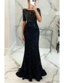 Modest Sparkle Dark Navy Blue Formal Dress with Short Sleeves