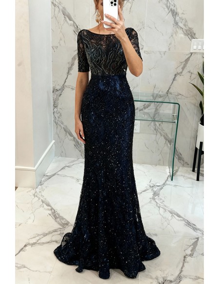 Modest Sparkle Dark Navy Blue Formal Dress with Short Sleeves