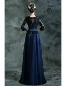 Navy Blue Long Formal Evening Dress With 3/4 Lace Beaded Sleeves