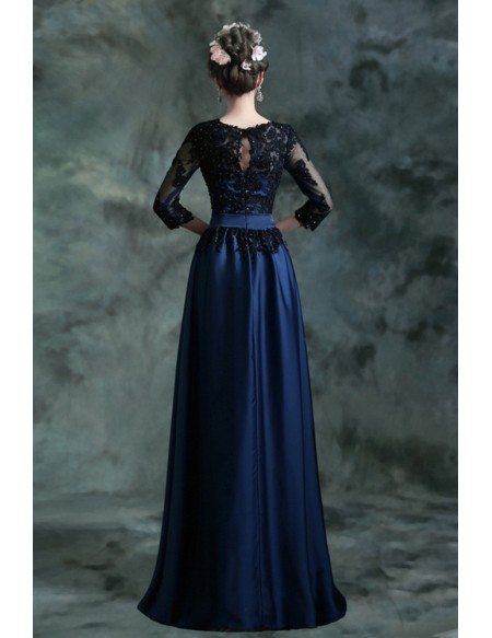 Navy Blue Long Formal Evening Dress With 3/4 Lace Beaded Sleeves