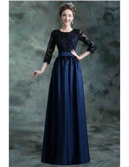 Navy Blue Long Formal Evening Dress With 3/4 Lace Beaded Sleeves