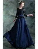 Navy Blue Long Formal Evening Dress With 3/4 Lace Beaded Sleeves