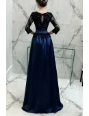 Navy Blue Long Formal Evening Dress With 3/4 Lace Beaded Sleeves