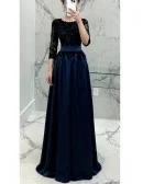 Navy Blue Long Formal Evening Dress With 3/4 Lace Beaded Sleeves