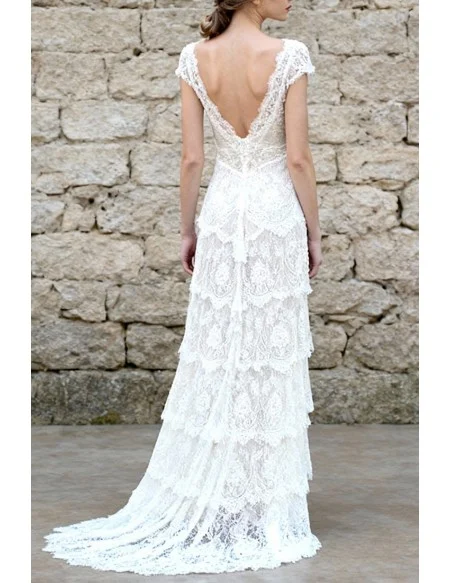 Elegant V Neck White Lace Wedding Dress With Cap Sleeves And Layered ...