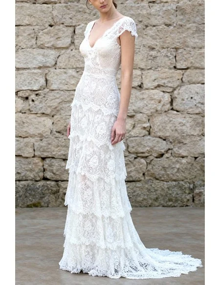 Elegant V Neck White Lace Wedding Dress With Cap Sleeves And Layered ...