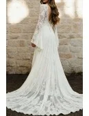 Bohemian Ivory Sheer Lace Sleeved Wedding Gown Featuring High Slit And Flowy Skirt