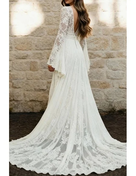 Bohemian Ivory Sheer Lace Sleeved Wedding Gown Featuring High Slit And Flowy Skirt
