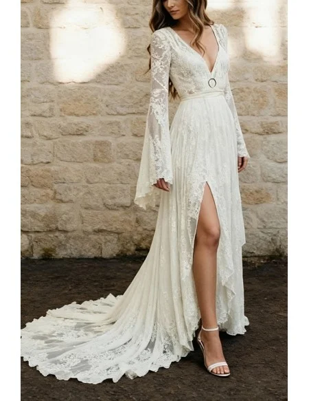 Bohemian Ivory Sheer Lace Sleeved Wedding Gown Featuring High Slit And Flowy Skirt