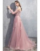 Long Tulle Rose Pink Prom Dress Off Shoulder With Appliques