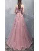 Long Tulle Rose Pink Prom Dress Off Shoulder With Appliques