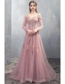 Long Tulle Rose Pink Prom Dress Off Shoulder With Appliques