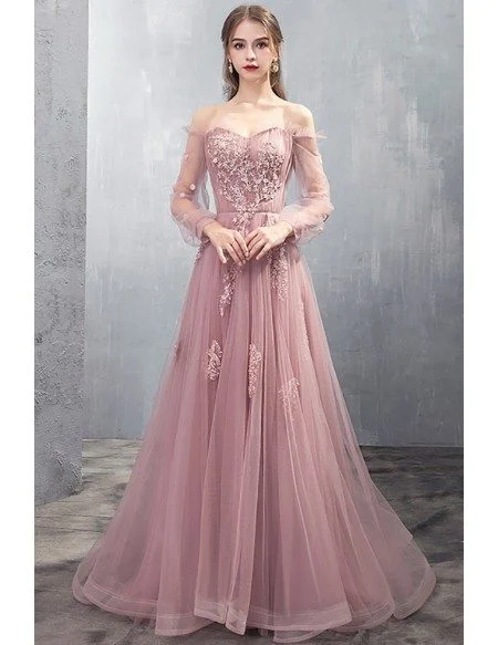 Long Tulle Rose Pink Prom Dress Off Shoulder With Appliques