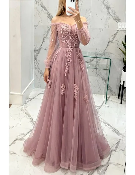Long Tulle Rose Pink Prom Dress Off Shoulder With Appliques