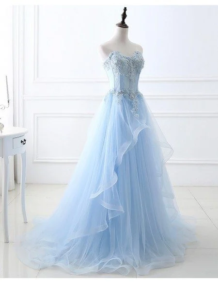 Blue Beaded Lace and Tulle Long Formal Dress