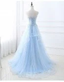 Blue Beaded Lace and Tulle Long Formal Dress