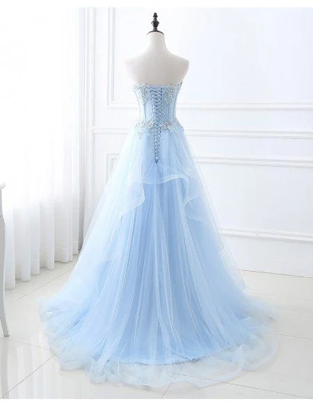 Blue Beaded Lace and Tulle Long Formal Dress
