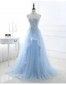 Blue Beaded Lace and Tulle Long Formal Dress